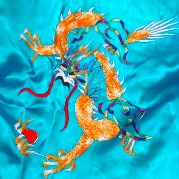 Blue Satin Robe with Dragon Embroidered back and Pockets - Picture 5 of 5